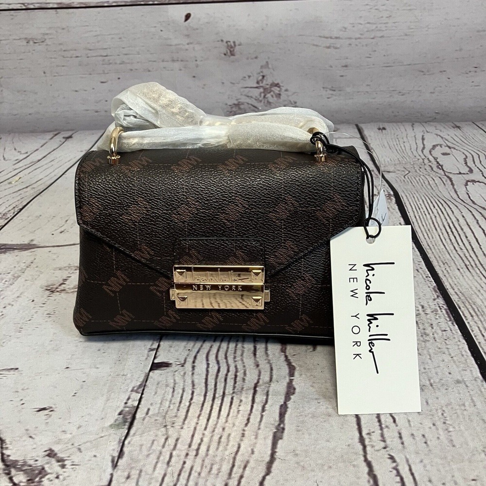 Nicole Miller Brown Logo Gold Hardware Shoulder Crossbody Bag Purse‎